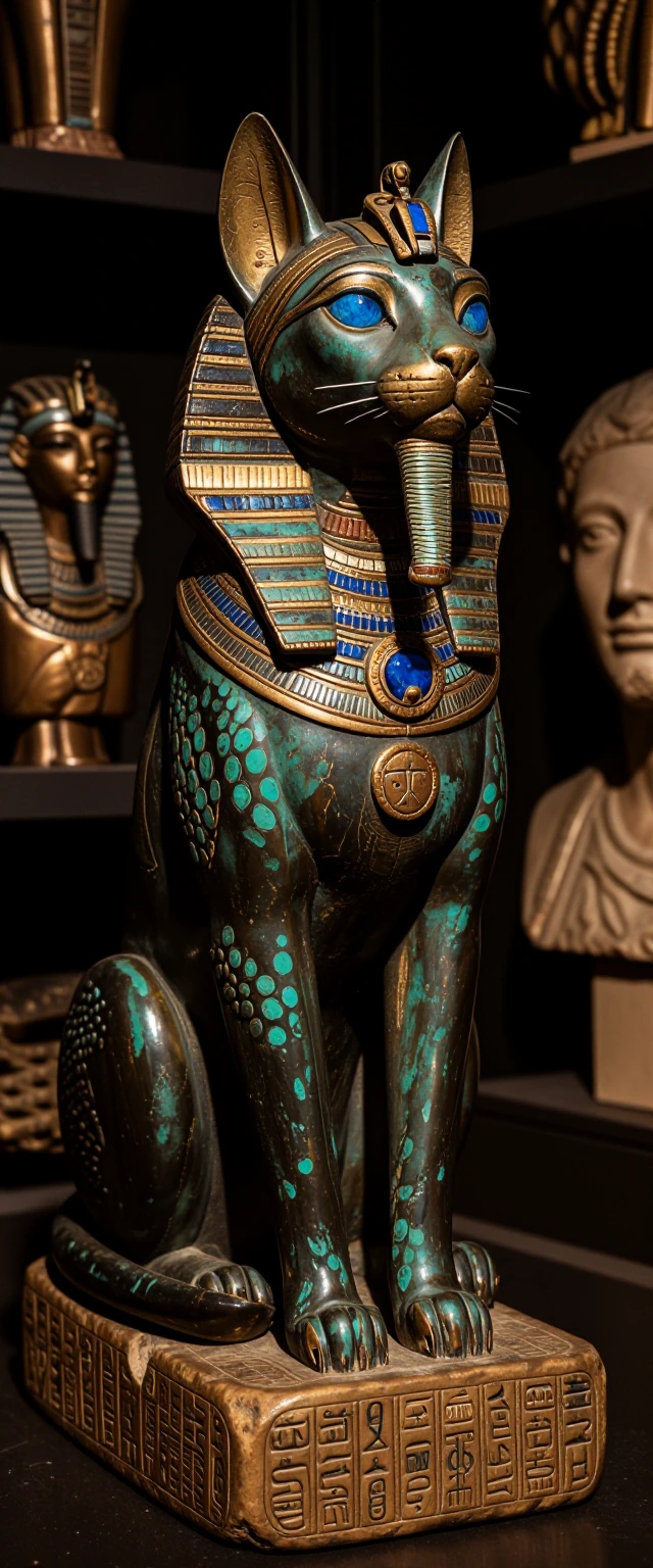 ​A regal, close-up photograph of an ancient Egyptian cat sculpture, representing the goddess Bastet, seated upright. The statue is crafted from aged b