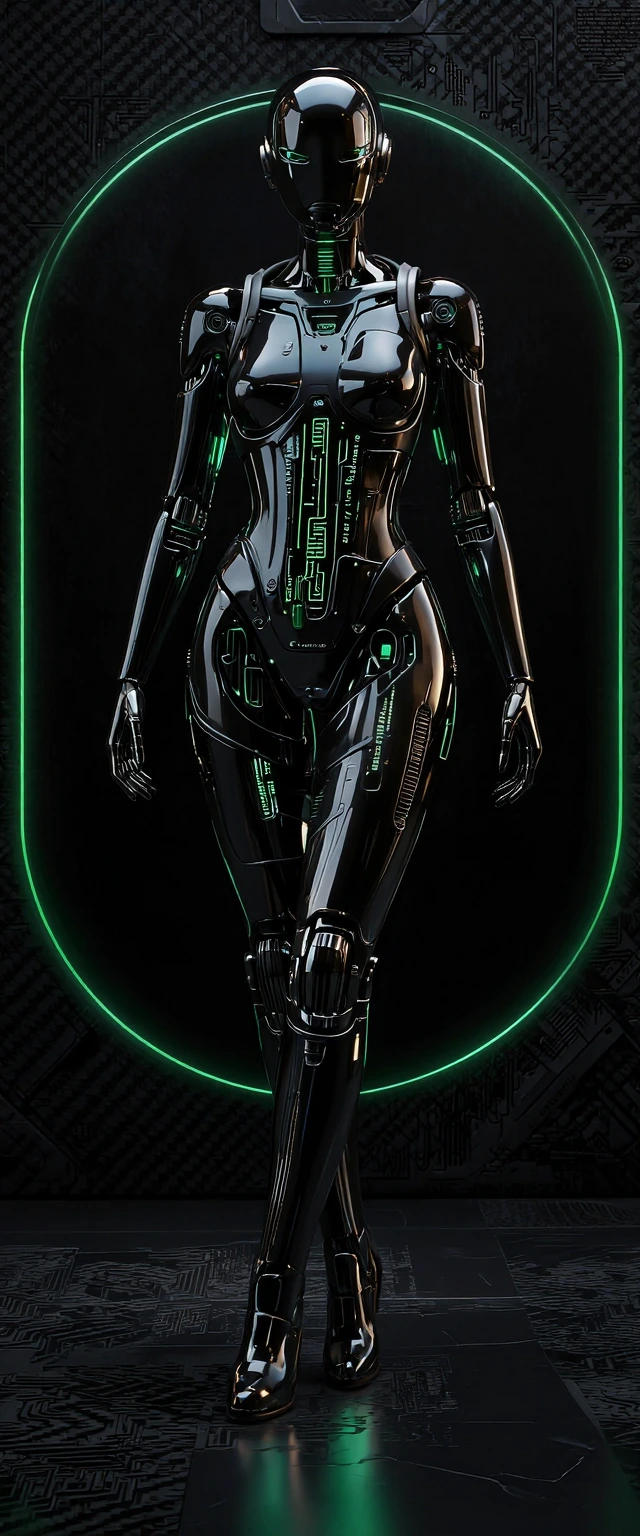 A single, solitary high-end female cyborg in a vertical 9:21 aspect ratio composition, captured in an awe-inspiring full-body wide shot, visible from head to toe. The image is rendered with microscopic, hyper-focused detail, ensuring she is the sole