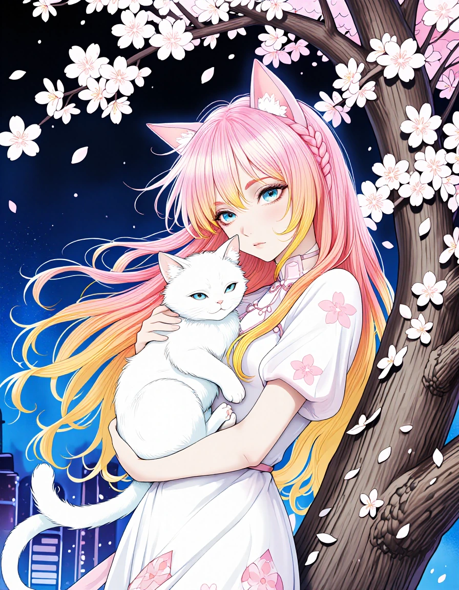 # Cherry Blossom Enchantment An ethereal anime character with flowing pink and golden ombre hair gazes serenely, her striking blue eyes framed by delicate features. She wears cat ears and an elegant white gown adorned with cherry blossom patterns, a