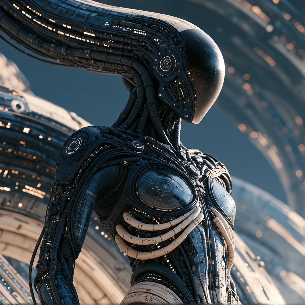 biomechanical style masterpiece, best quality, (deep blue and black theme), ((cliff)), 1girl, solo, BurstDaal, usnr, pvnk1_illu . blend of organic and