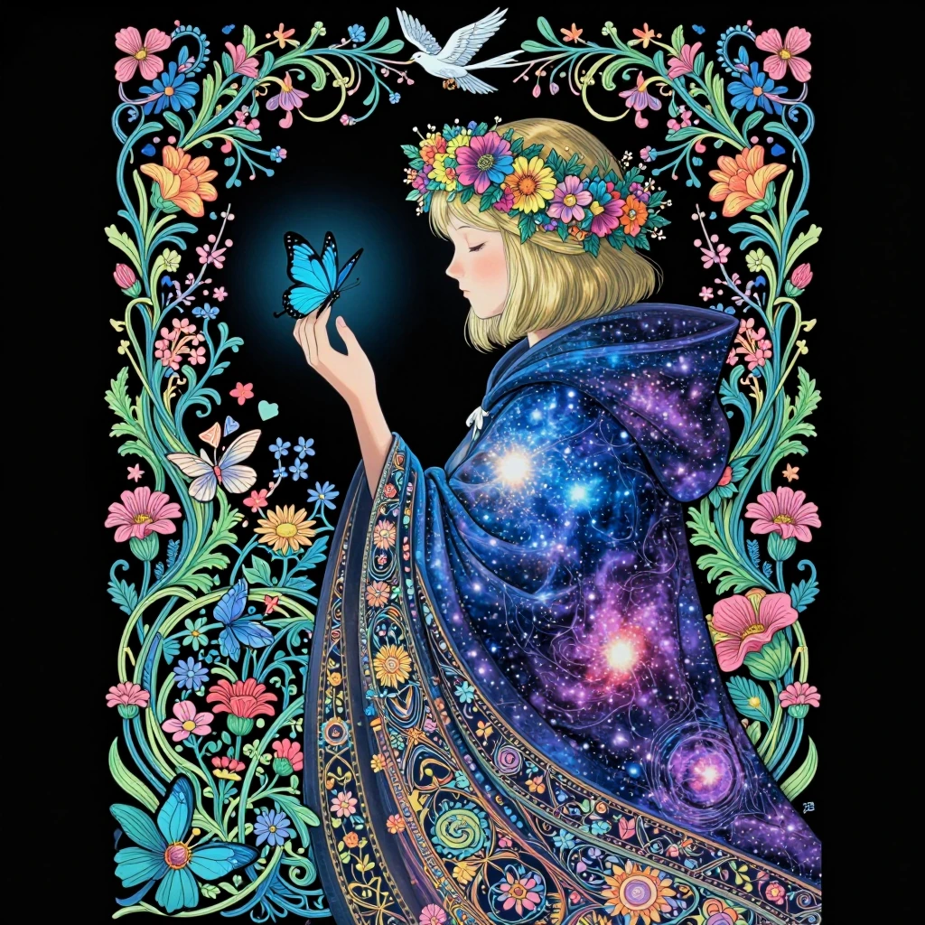 Intricate, colorful, whimsical dreamlike illustration of a central androgynous figure with short blonde hair crowned with multicolored flowers, wearing a flowing cloak infused with a cosmic starfield motif (deep blues and purples with bright nebula-l