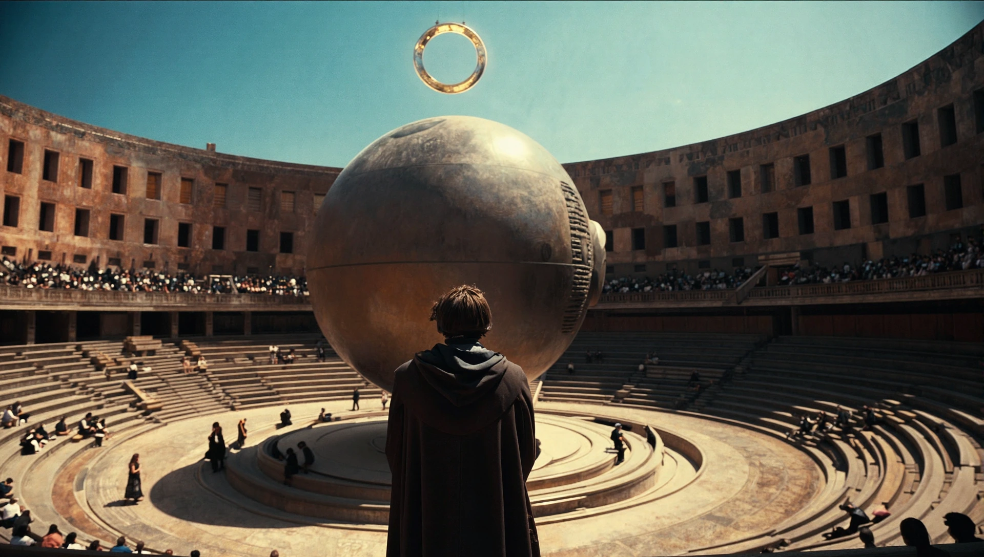 A caped figure stands in a colossal amphitheater, gazing at a massive torus-shaped structure dominating the arena floor. Thousands of spectators fill tiered seating carved into rust-colored stone. Monumental walls with rectangular openings frame the 