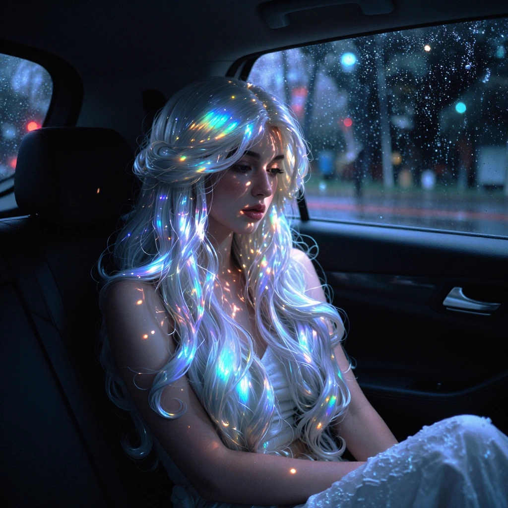 woman with luminous moonstone hair sitting in the back seat of a car at night, streetlight and neon reflections sliding across her face and hair, the moonstone strands catching light like opal — pearlescent shifts of blue and silver, almost glowing a