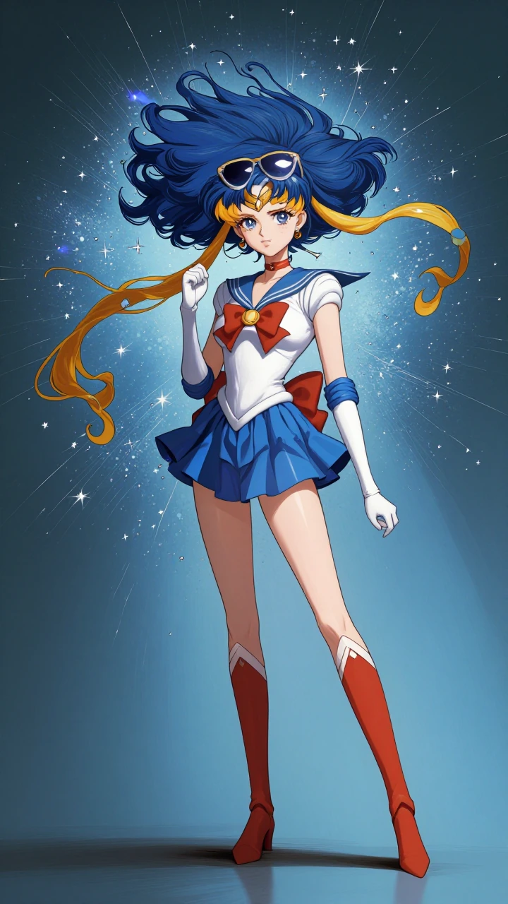 Masterpiece, original character, blue sailor moon cosplay stylized illustration, original character, full body of a girl around 25 years old,