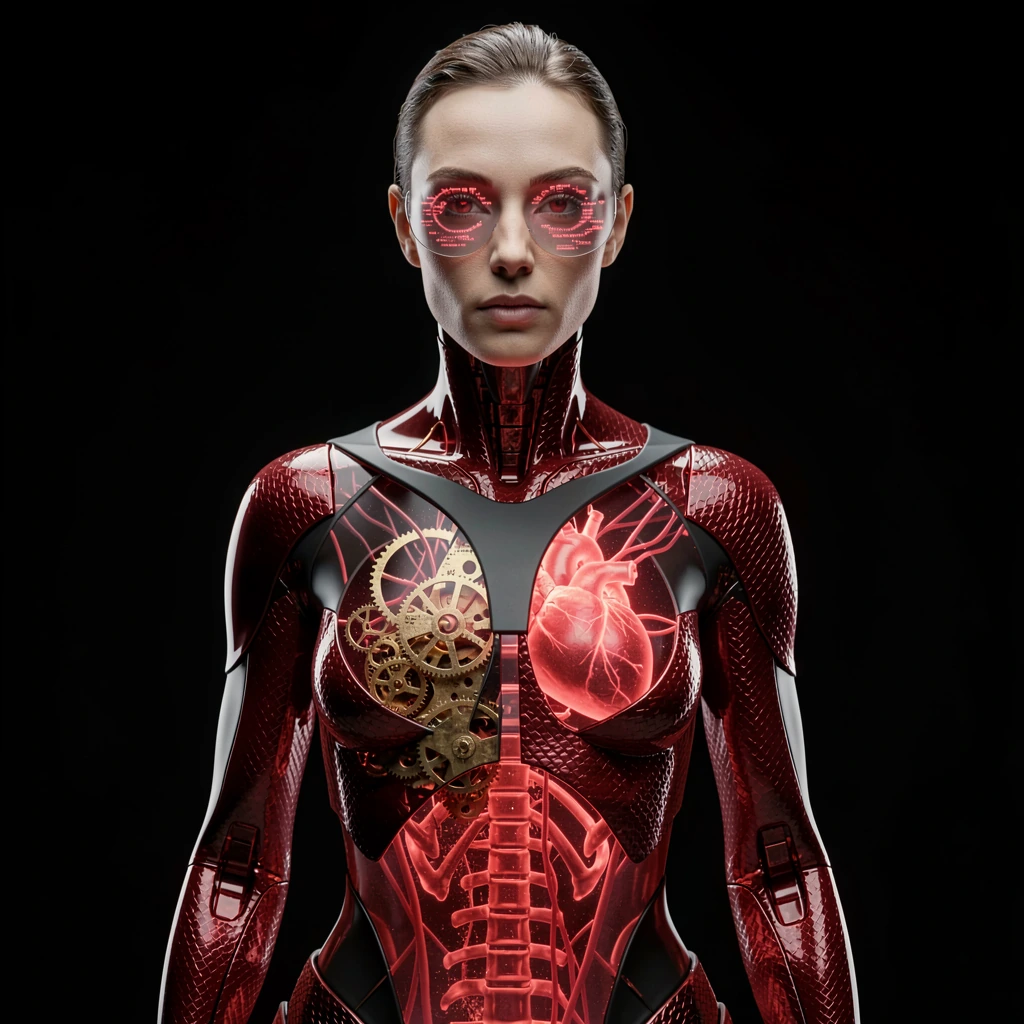 Subject & Aesthetic A wide-screen cinematic masterpiece depicting a high-concept female cyborg, "The Ruby Sentry," standing in a moment of poised stillness. The aesthetic is a fusion of avant-garde haute couture and advanced biomechanical engineerin