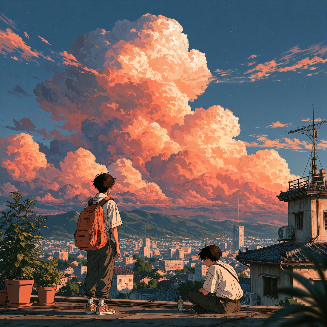 90s anime style illustration, hand-drawn cel animation aesthetic with intentional film grain and VHS degradation effects. rooftop escapade, japan, detailed colorful cloud skyline, color pencil style highlighting