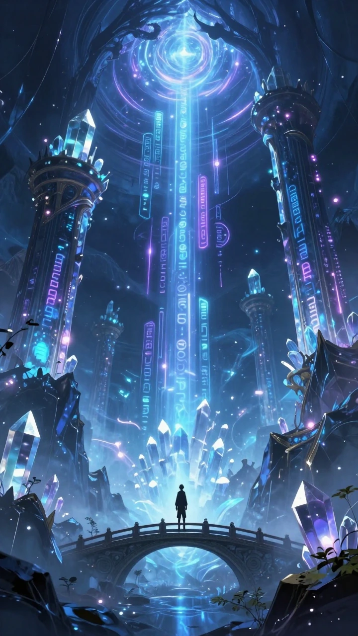 Cinematic anime fantasy landscape, vast mysterious ancient crystal dungeon inside a glowing mountain, enormous glowing crystal pillars and floating ru