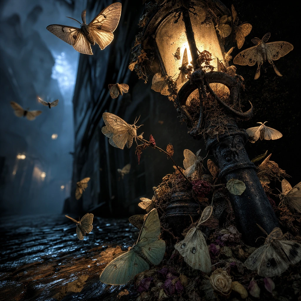 Capture a hauntingly beautiful gathering of moths holding a solemn funeral procession around a dying streetlight at the edge of a fog-drenched cobblestone alley, deep in the blue hour of night. Dozens of moths — dusty luna moths, sphinx moths with ma