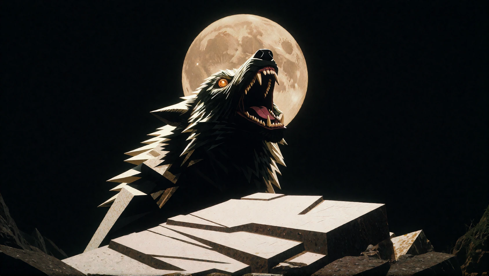 Geometric werewolf silhouette in stark white and yellow, reduced to angular planes and sharp edgeshead tilted back in profile, jaw open as a single clean triangle, amber eyes as concentric circles. Minimalist rocky platform beneath rendered as overla