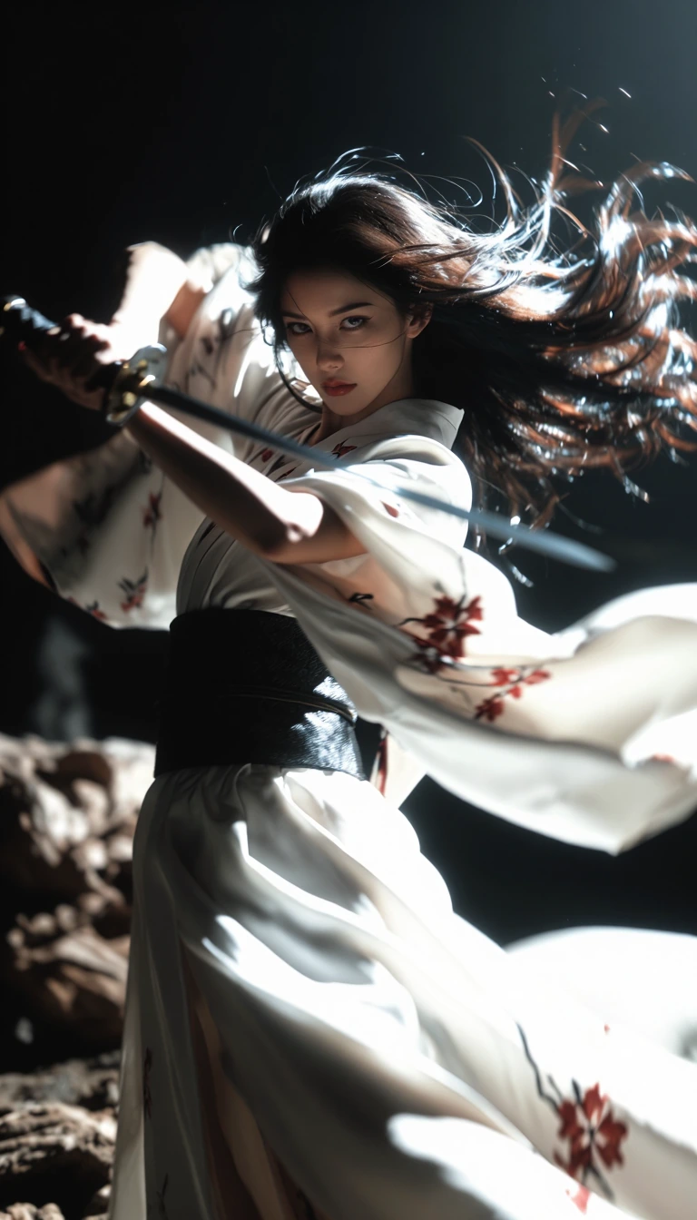 Fast violent katana swing in progress, beautiful young woman with athletic toned body powerfully slashing sword mid-motion, heavy intense motion blur on katana blade, arms and trailing hair, sword speed lines and blur trails, dynamic action photograp