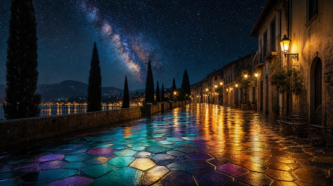 Wet cobblestone street in a European town at night: oversized hexagonal stones in teal, purple, emerald, and gold, mirroring warm vintage lamp glow an