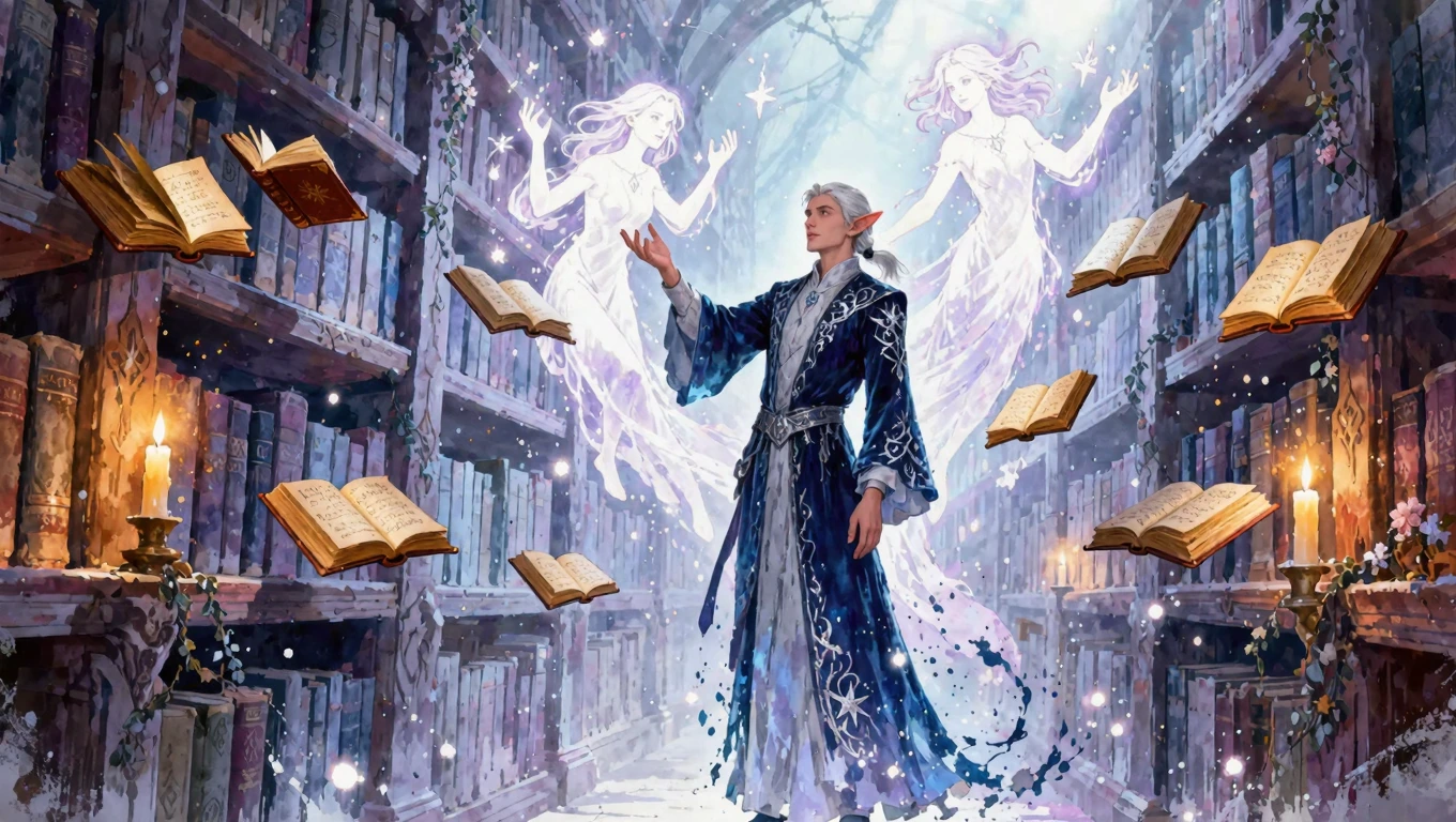 An infinite mystical library of forgotten spells, candle-lit archive with levitating ancient books glowing with arcane runes on towering ornate shelves, scholarly elf wizard communing with luminous spectral knowledge guardians, intricate ink illustra