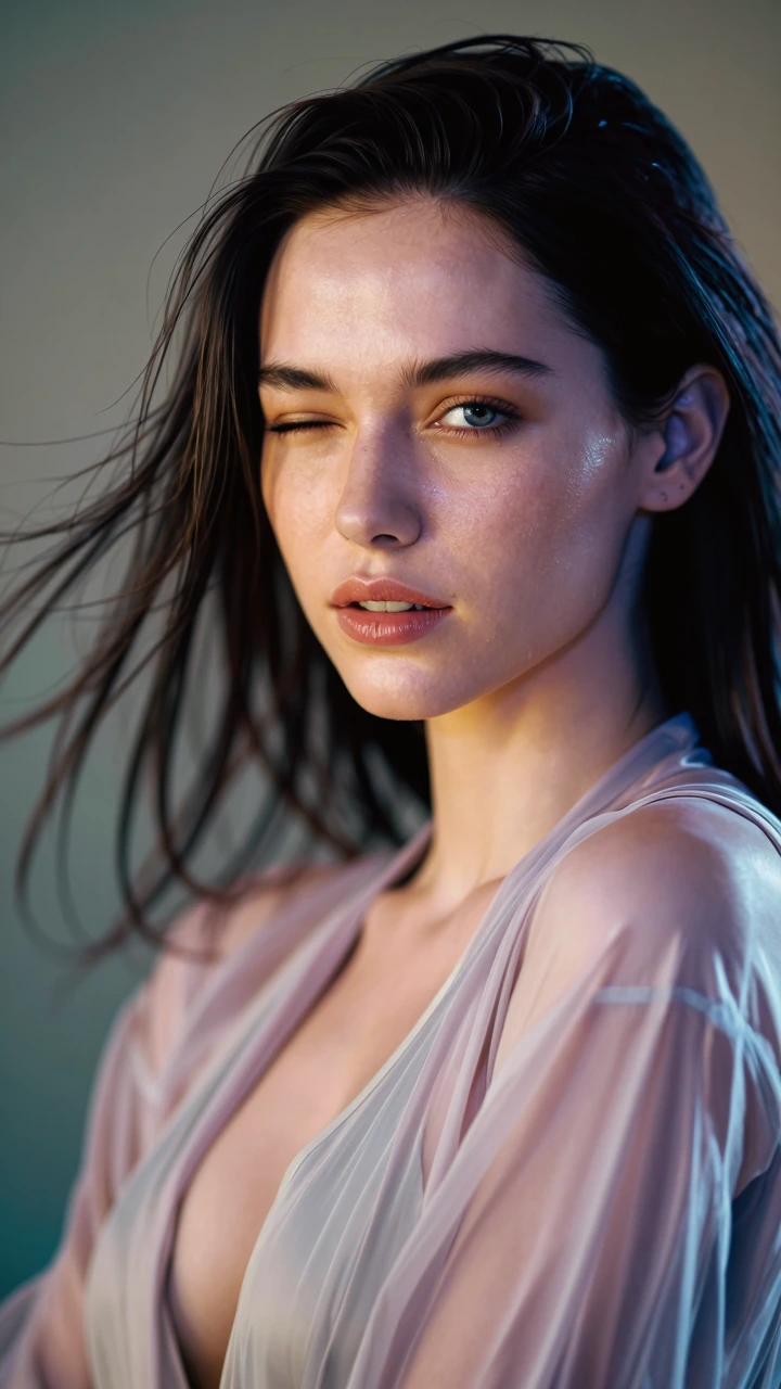 A woman in a regal three-quarter pose meets the camera with a direct gaze, caught mid-wink, her expression collapsing the distance between viewer and 