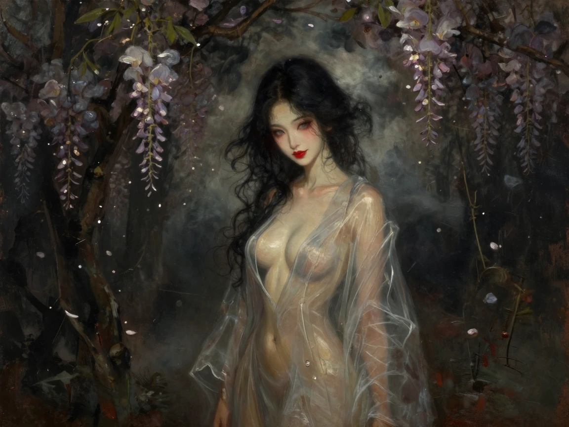 A stunningly beautiful Japanese ethereal goddess with sensual grey eyes full crimson lips and lustrous wavy black hair. She wears a serene smile. She wears light and airy translucent robes that accentuates her sleek lithe and highly defined curvaceou