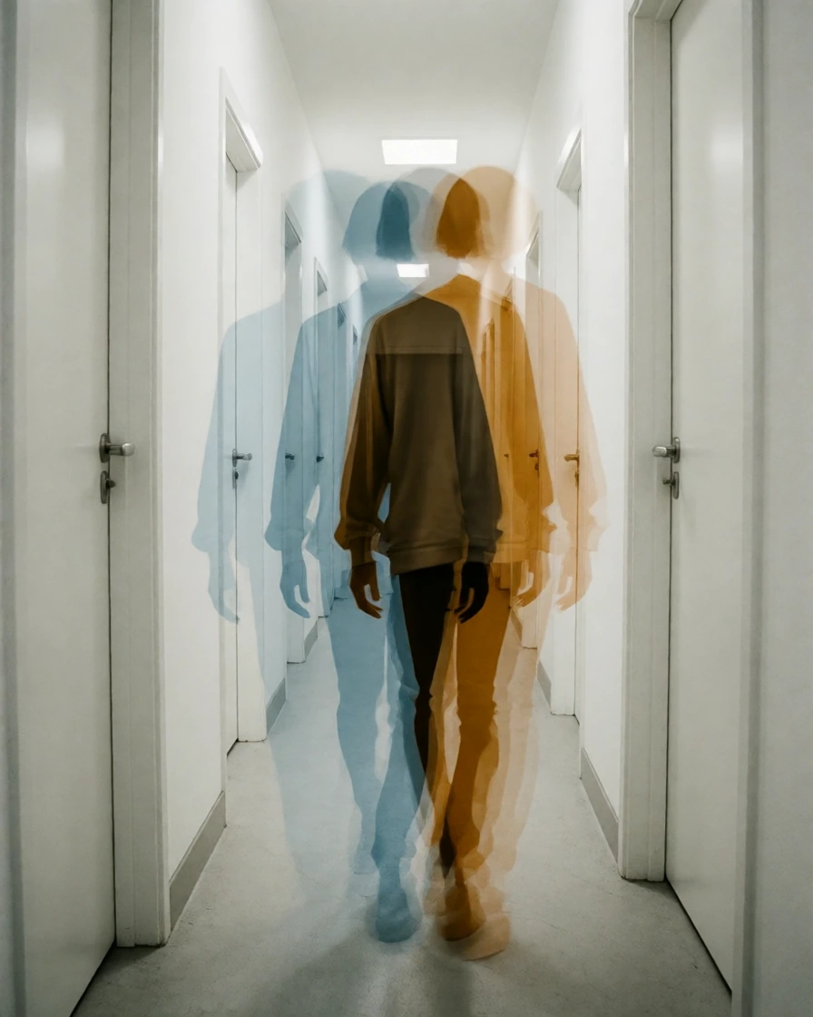 A figure walking down an endlessly looping hallway lined with identical doors, photographed with double exposure so their form overlaps with itself at slightly offset intervals, creating a visual stutter effect—as if the same moment is being repeated