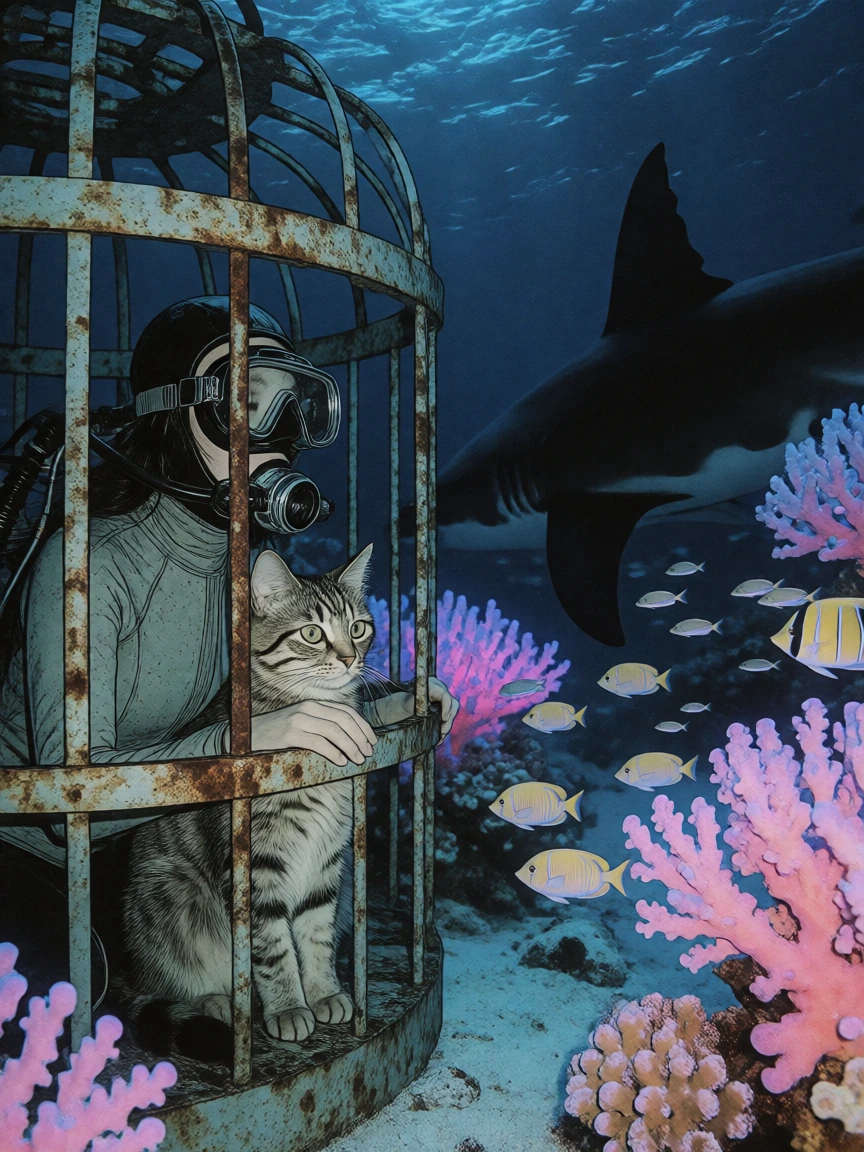 An artsy, dreamlike mixed media illustration of an underwater shark cage adventure. Inside the rusted iron cage, a curious tabby cat sits safely next to a woman in vintage diving gear. Outside, a surreal ocean depths scene unfolds with vibrant, glowi