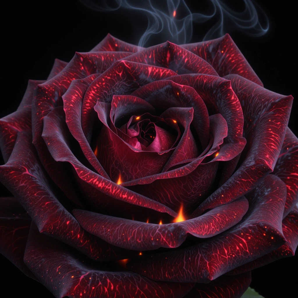 a rose engulfed in eternal black flames that never burn it, extreme close-up hyper-detailed view, da…