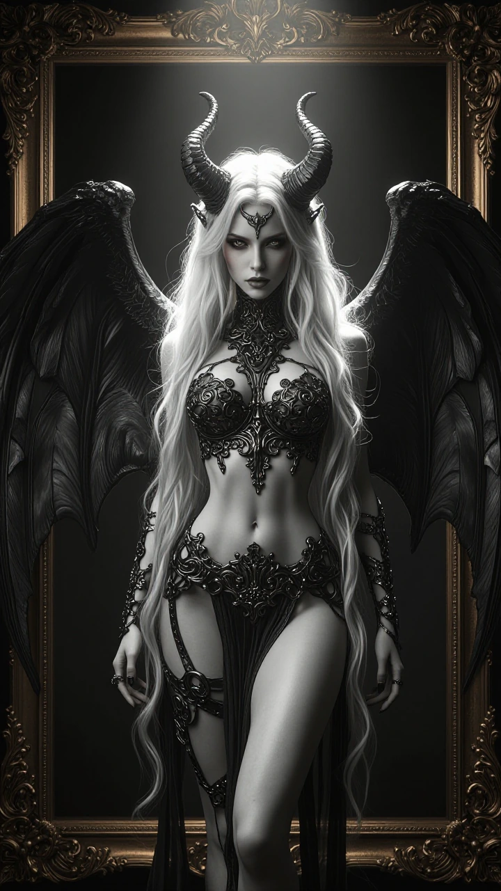 Fantastical ethereal demon-angel woman with elegant oversized black horns, long flowing platinum-blonde hair, serene yet intense gaze, dark lipstick, 