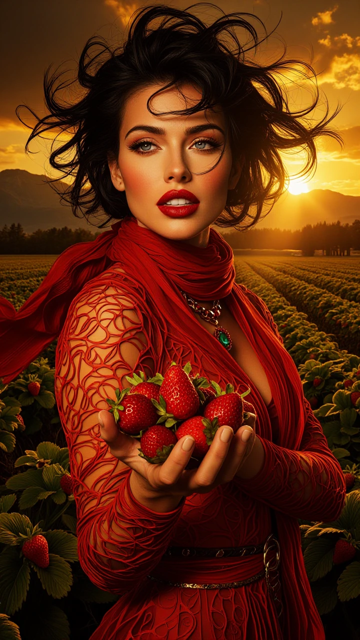 Professional portrait art style of a small waist and hips stunning 34 year old Eastern European supermodel, her black messy flowing wildly in the wind, she is holding a handful of red strawberries close to her flawless warm peach skin, expressive tra