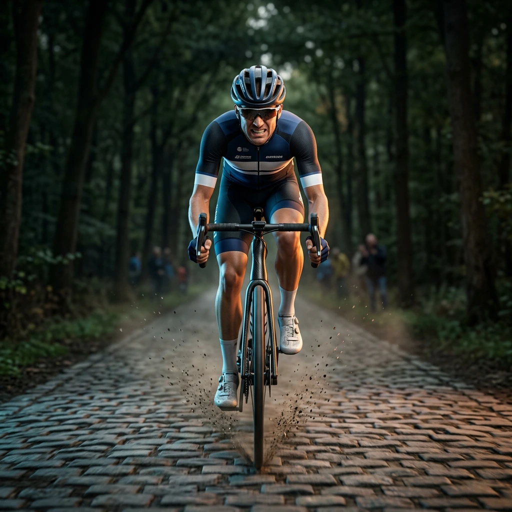 Heroic image of a professional cyclist riding through the famous bois de Wallers, action scene, camera on front of the cyclist