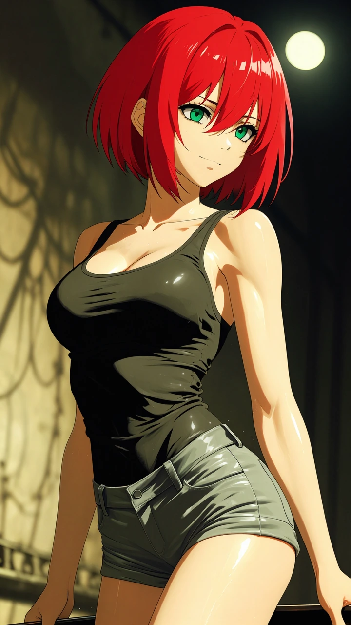 Masterpiece, best quality, ultra-detailed 8K anime illustration, short vibrant red bob haircut, sharp emerald-green eyes, confident smirk, athletic toned body with subtle muscle definition, wearing tight black tank top and low-rise grey shorts, light