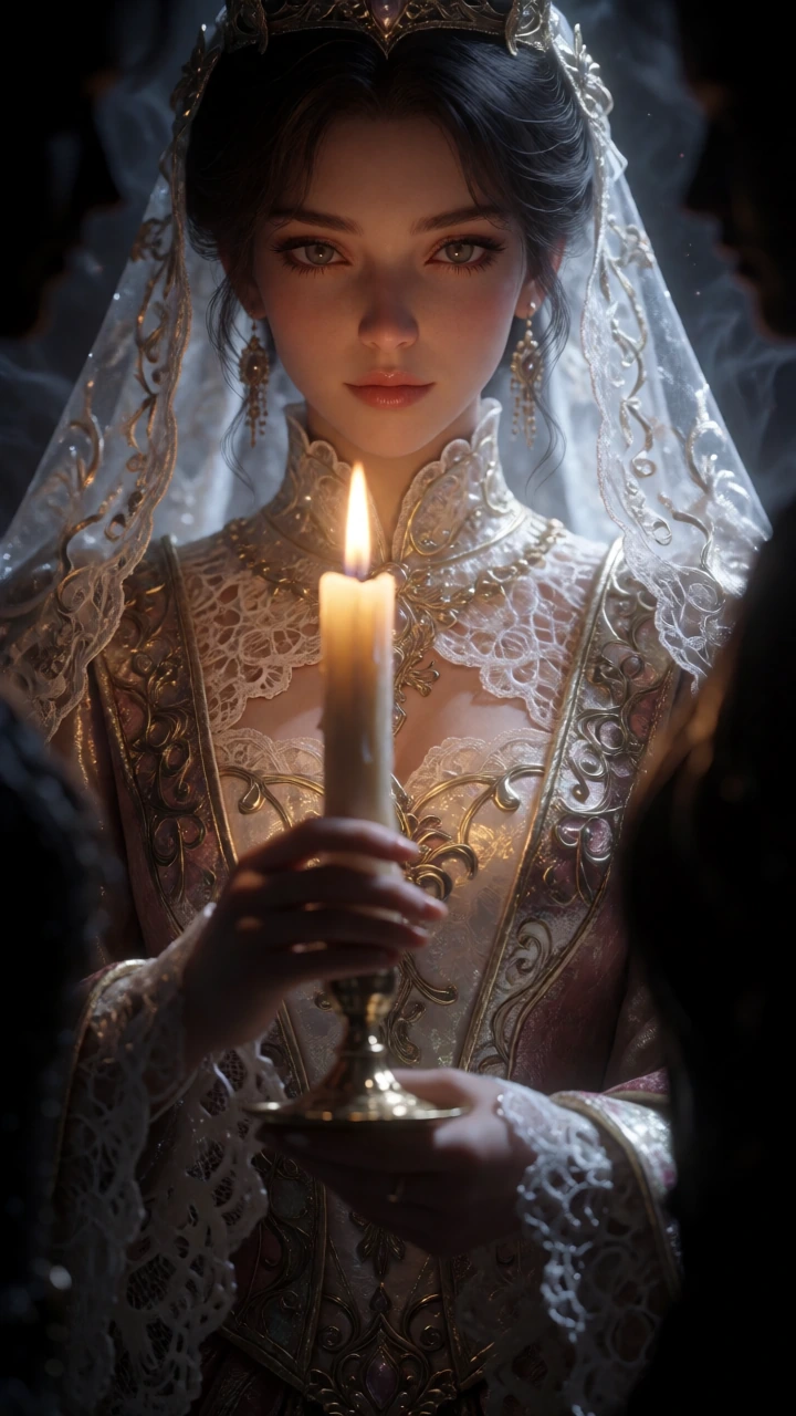 An interactive, full‑body, photoreal 3D model of an adult queen in a bold, dramatic, suggestive yet non‑explicit and glorious pose, holding a single candle. Anatomy and expression: lifelike face with micro‑expressions, natural skin pores, subtle asym