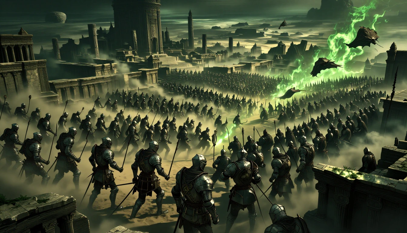 Aerial view of the battle: Cannibal Knights (Once human fiends that have become man-eating horrors due to the influence of an Alien God but still retain their armour, discipline and personal fighting skills ) Knights Templar Holy defenders of mankind