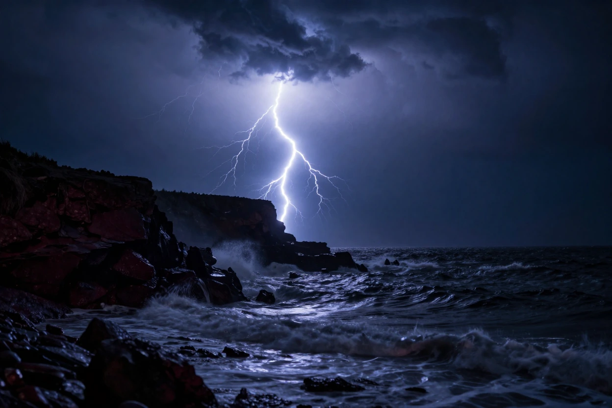 Cinematic moody 80s Goth AI art, stormy night over dark rocky cliffs and crashing sea, dramatic blue and white lightning cutting through heavy storm clouds, waves hitting the rocks, deep black and burgundy tones, electric storm glow over water, high