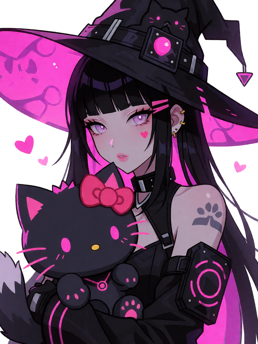 Cyberpunk witch with a cute hello kitty wolf cub