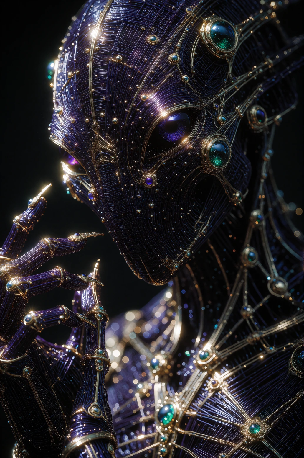 An alien creature with dark indigo skin constructed entirely of luminous taut strings weaving through space—each filament glowing faintly, forming mus