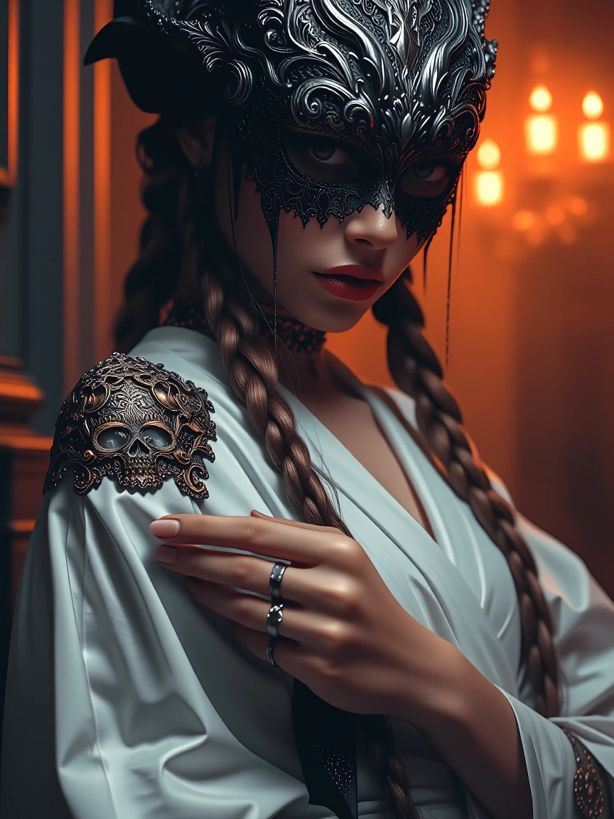 beautiful young woman with long brunette braids, wearing flowing stark white garments, elegantly holding up a mysterious ornate mask in one hand. Dark
