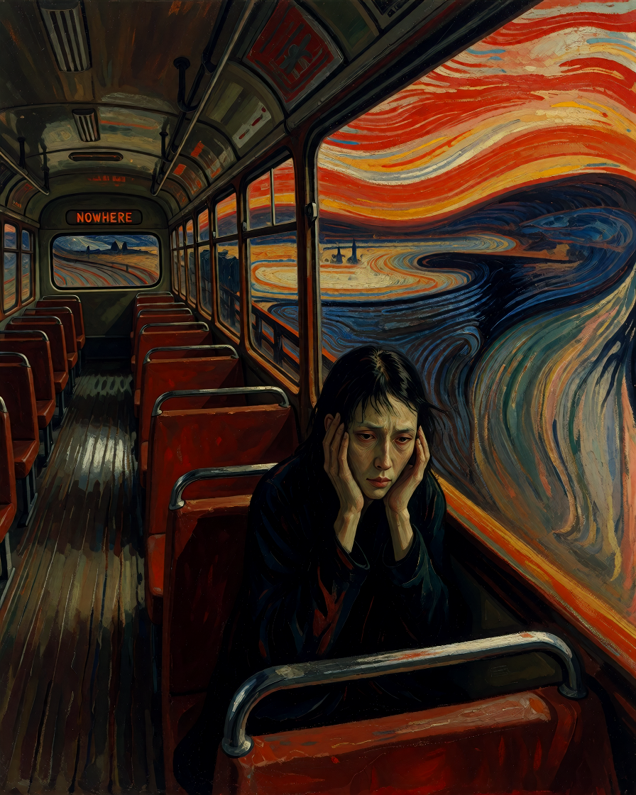 **The Last Passenger on a Night Bus** The last passenger on a night bus, depicted in the expressive visual language of Edvard Munch’s *The Scream*, bo