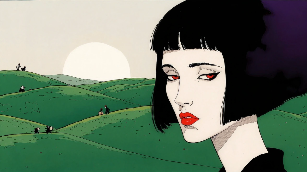 16:9 keyframe, high-grade graphic dreamscape mixed with raw hand-drawn animation and hyperreal elegance, bold imperfect black lines, avant-garde style
