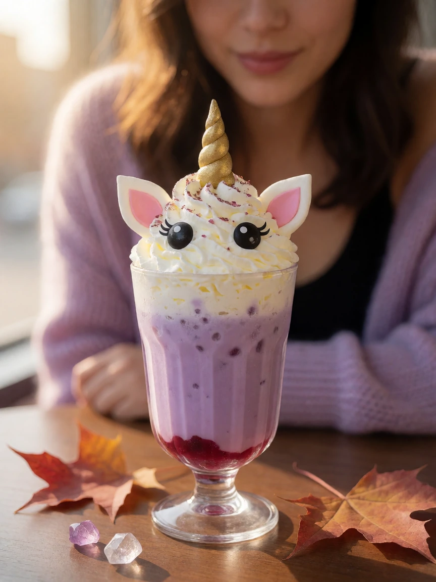 Beautiful fancy drink with whipped cream at the top that looks like a unicorn. Cute unicorn eyes. Some fall leaves on the table with crystals. A beautiful woman.