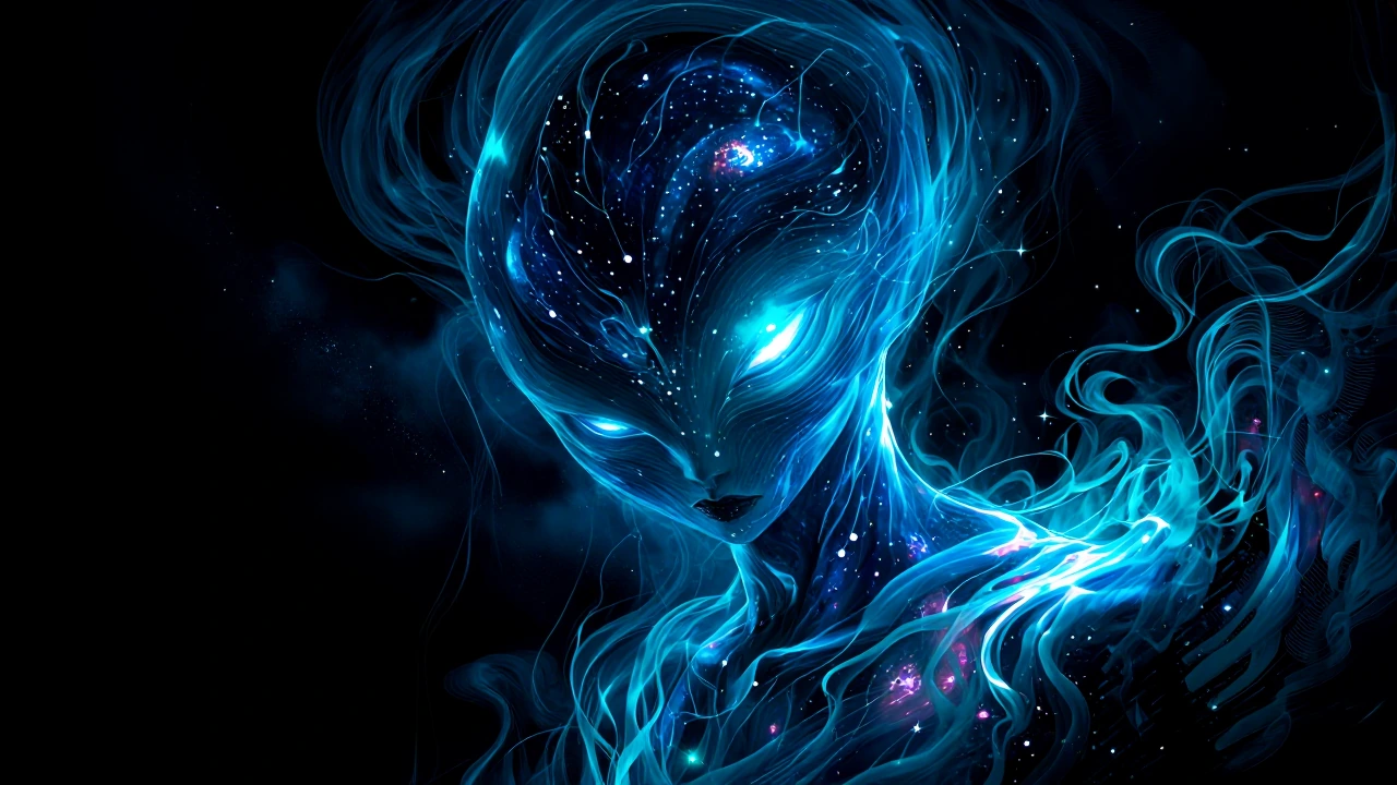 Androgynous cosmic entity portrait, chest-up, pure black void background, Makoto Shinkai ethereal lighting with volumetric light shafts, deep cobalt b