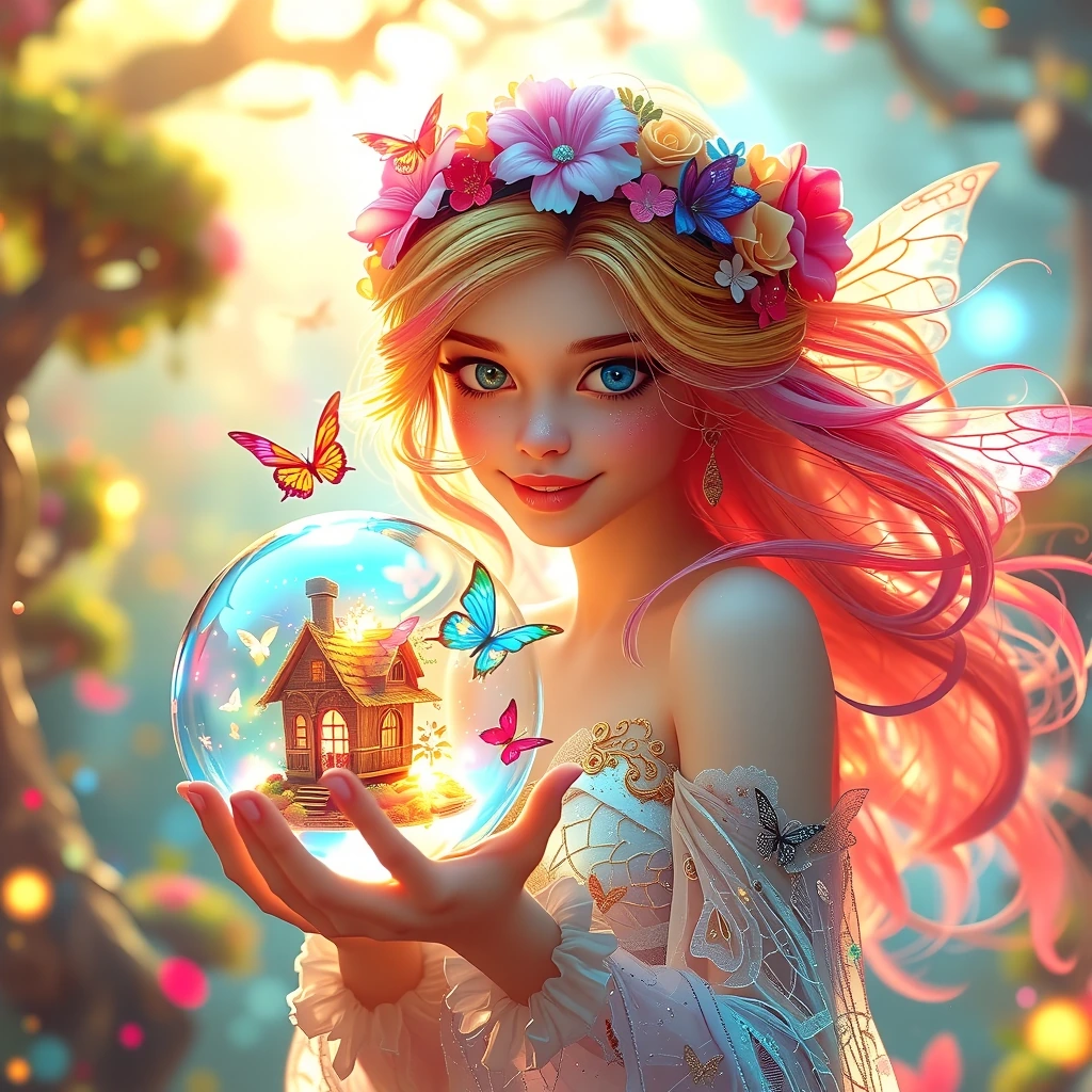 Ethereal fairy girl with porcelain skin, flowing yellow and pink hair, flower crown, radiant smile perched on iridescent glass sphere, rainbow-winged 