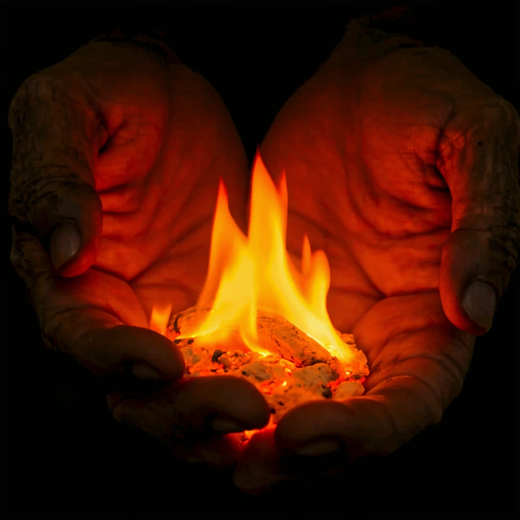 cinematic close-up of weathered hands holding a single glowing ember