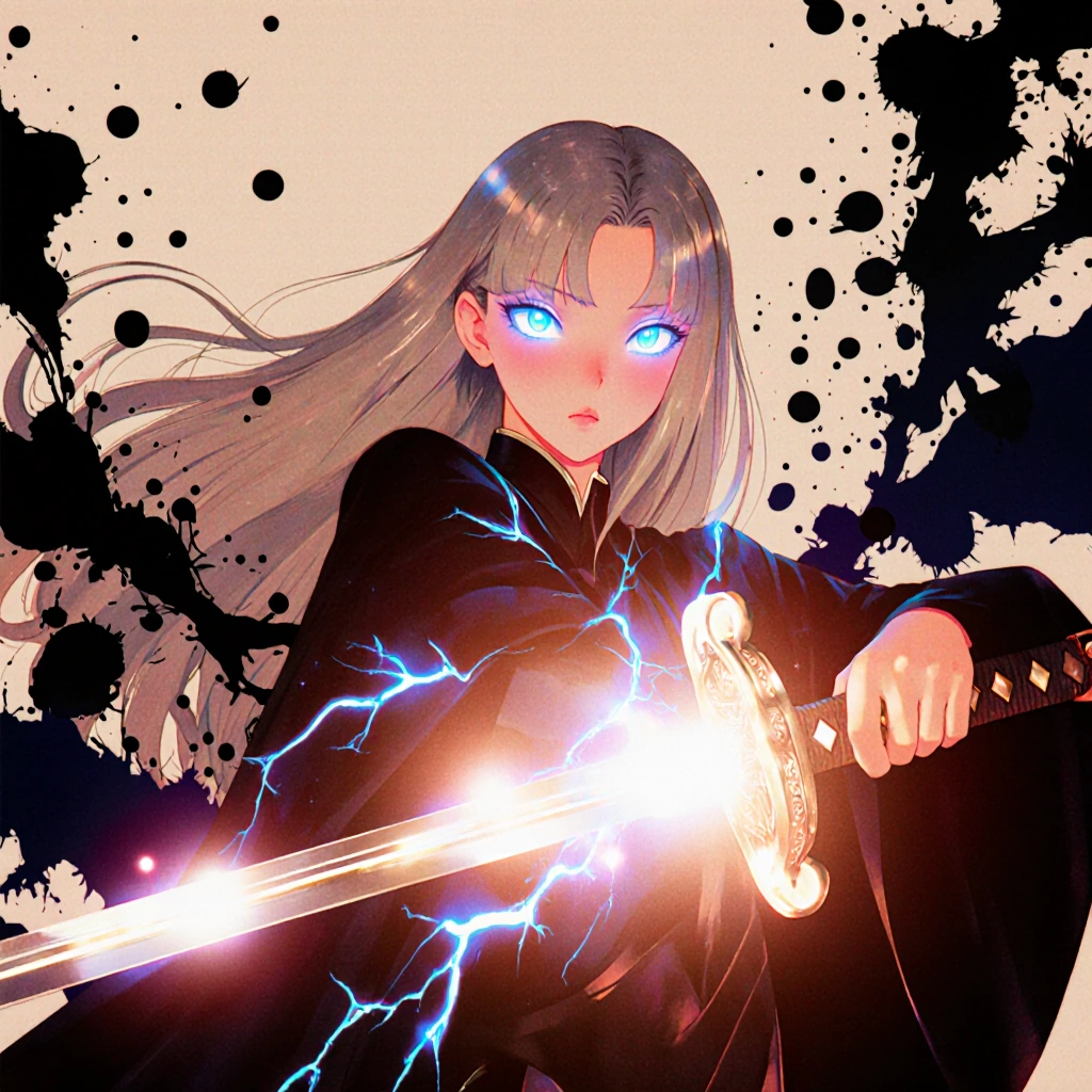 # Ethereal Warrior A striking anime figure dominates the composition, cloaked in darkness with luminous blue eyes blazing like electric orbs. Her long
