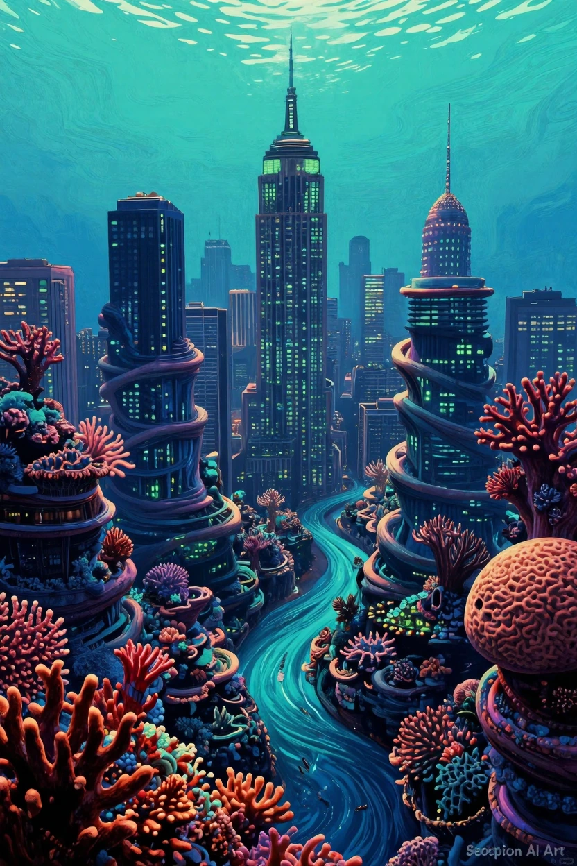 Futuristic NYC skyline reimagined as living coral reef architecture—buildings branch and spiral organically like staghorn and brain coral, skyscrapers fused into interconnected crystalline structures, the Hudson rendered as bioluminescent water with 