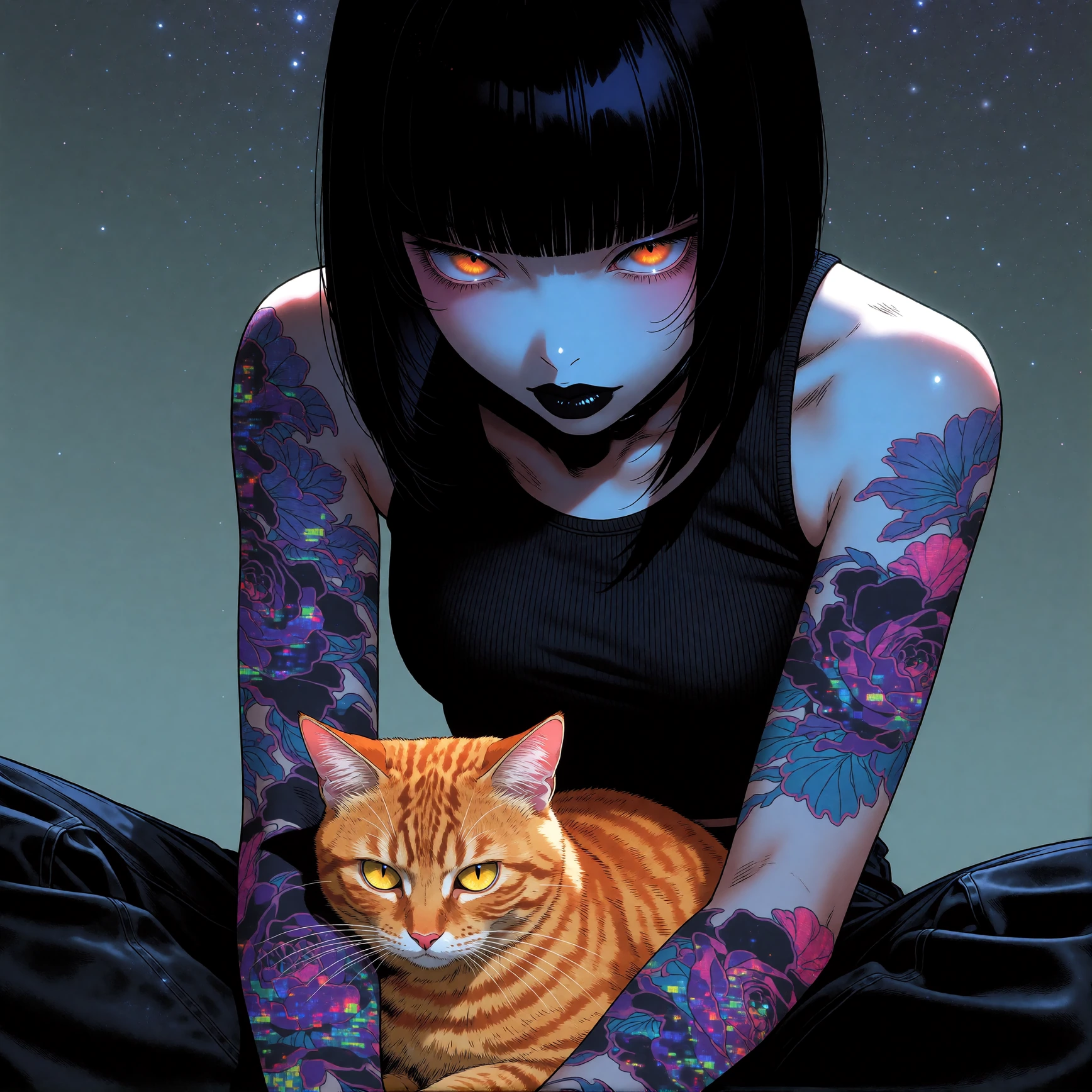 A moody, cybernoir anime art illustration featuring a mysterious young woman with a sleek black bob haircut and straight bangs, sitting crosslegged against a smooth tealtogrey gradient background dotted with faint stars. Her skin is a striking pale b