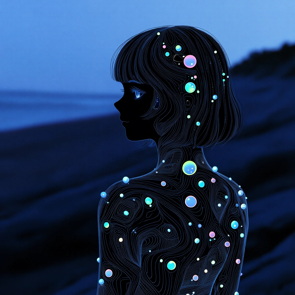 Cute Bioluminescence woman beach side deep detailed vector style illustration bubbles otherworldly