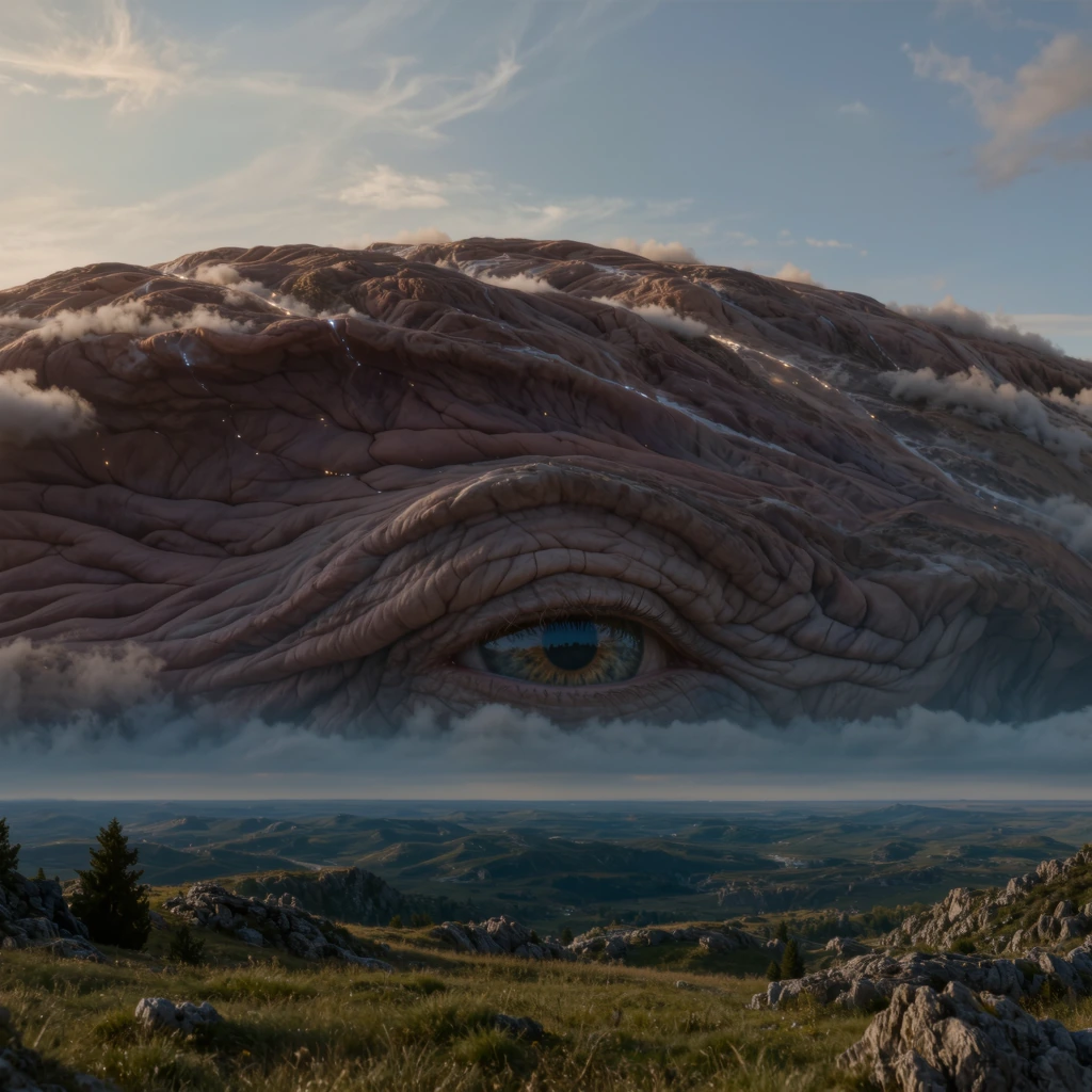 Vast landscape where the distant horizon line gradually reveals itself as the scaled, breathing back of a colossal sleeping creature wrapping the curvature of the earth—mountains are deep muscular folds across its hide, clouds drift like warm breath 