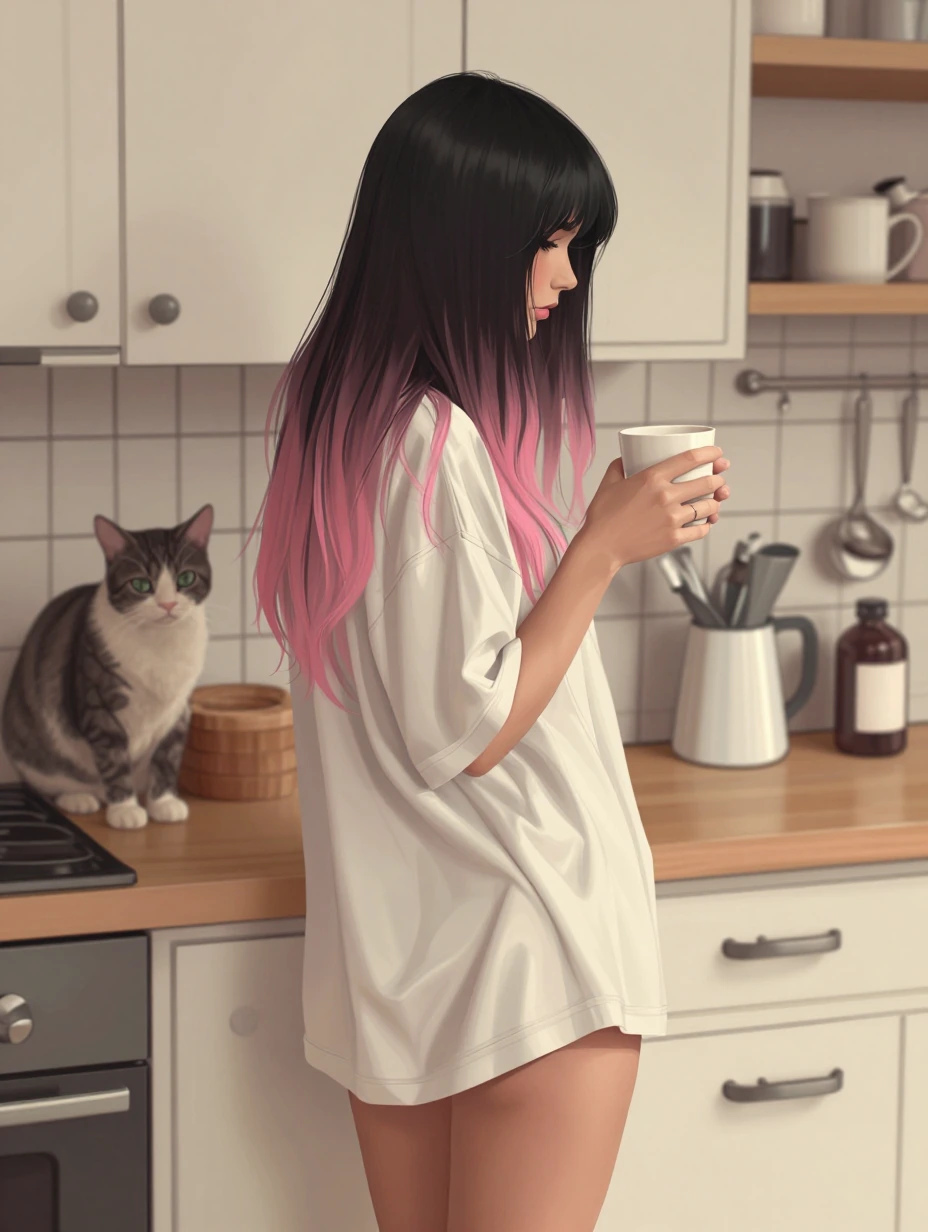 Woman, long, black, pink, ombre hair, with her cat in the kitchen, getting coffee, oversized T-shirt in the morning