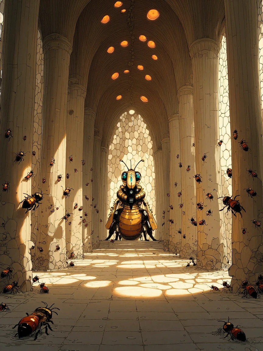 A vast cathedral interior with hexagonal honeycomb pillars rising into a vaulted ceiling, each cell glowing warm amber from within. Shafts of golden s