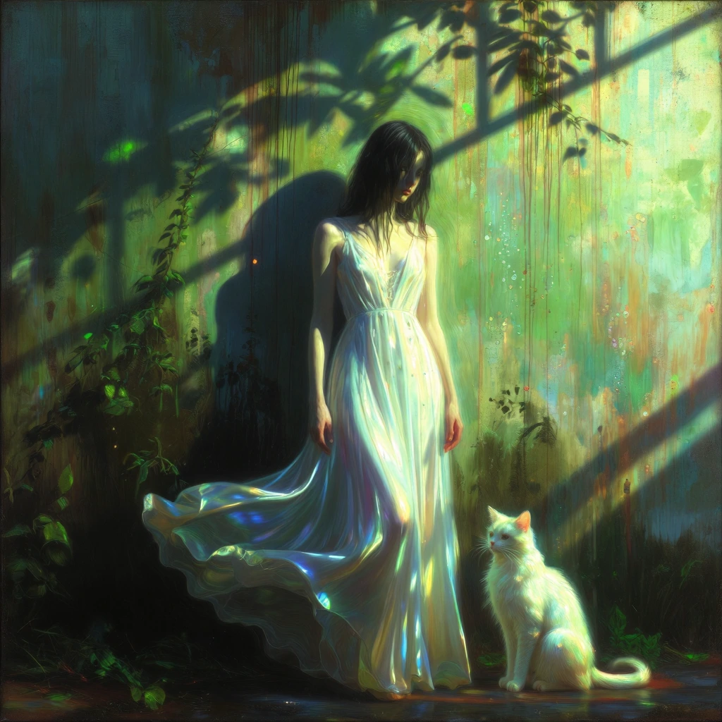 A woman dressed in a flowing white dress stands before a weathered green wall, accompanied by a ghostly cat; her silhouette stands out strikingly agai