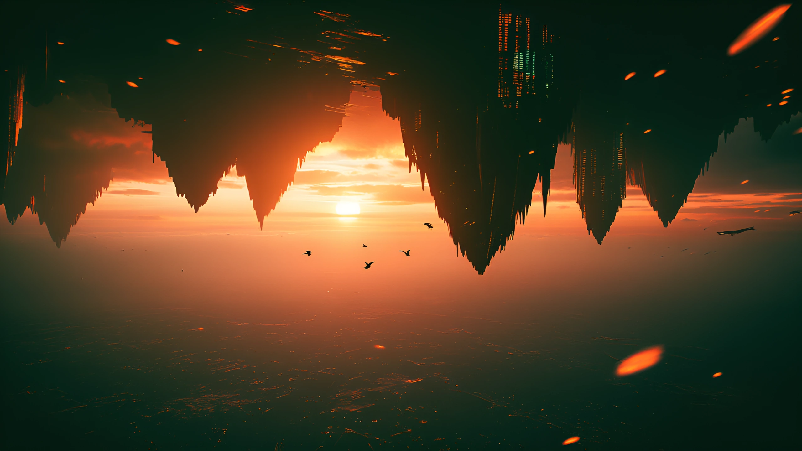 surreal sunset landscape with floating cities suspended in the sky, silhouetted birds flying through golden light, dreamlike architecture glowing with ethereal neon light, warm golden and purple cinematic lighting, dramatic shadows, 35mm film grain, 