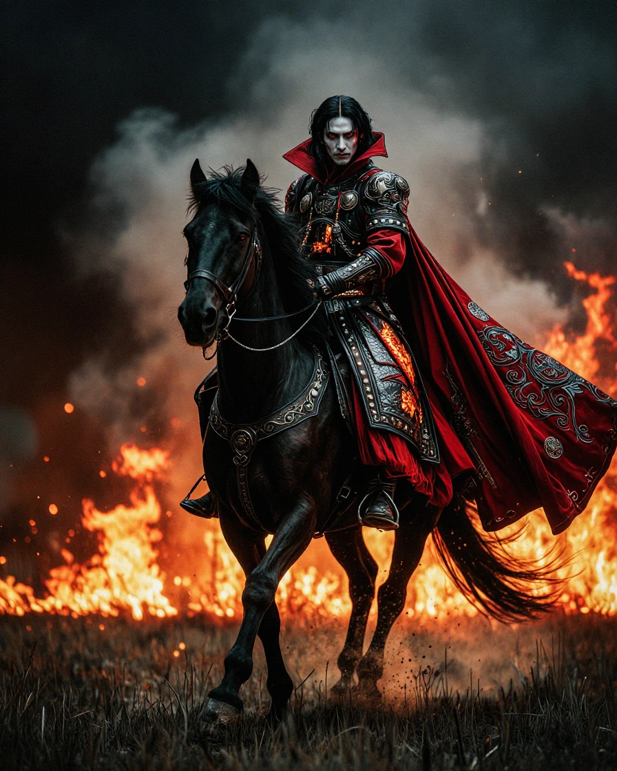 Mongolian warrior with aristocratic Dracula features, pale ethereal skin, sharp angular cheekbones, piercing crimson eyes, dark slicked-back hair with widow's peak, riding a powerful dark stallion across blazing fields, intense dramatic lighting cast