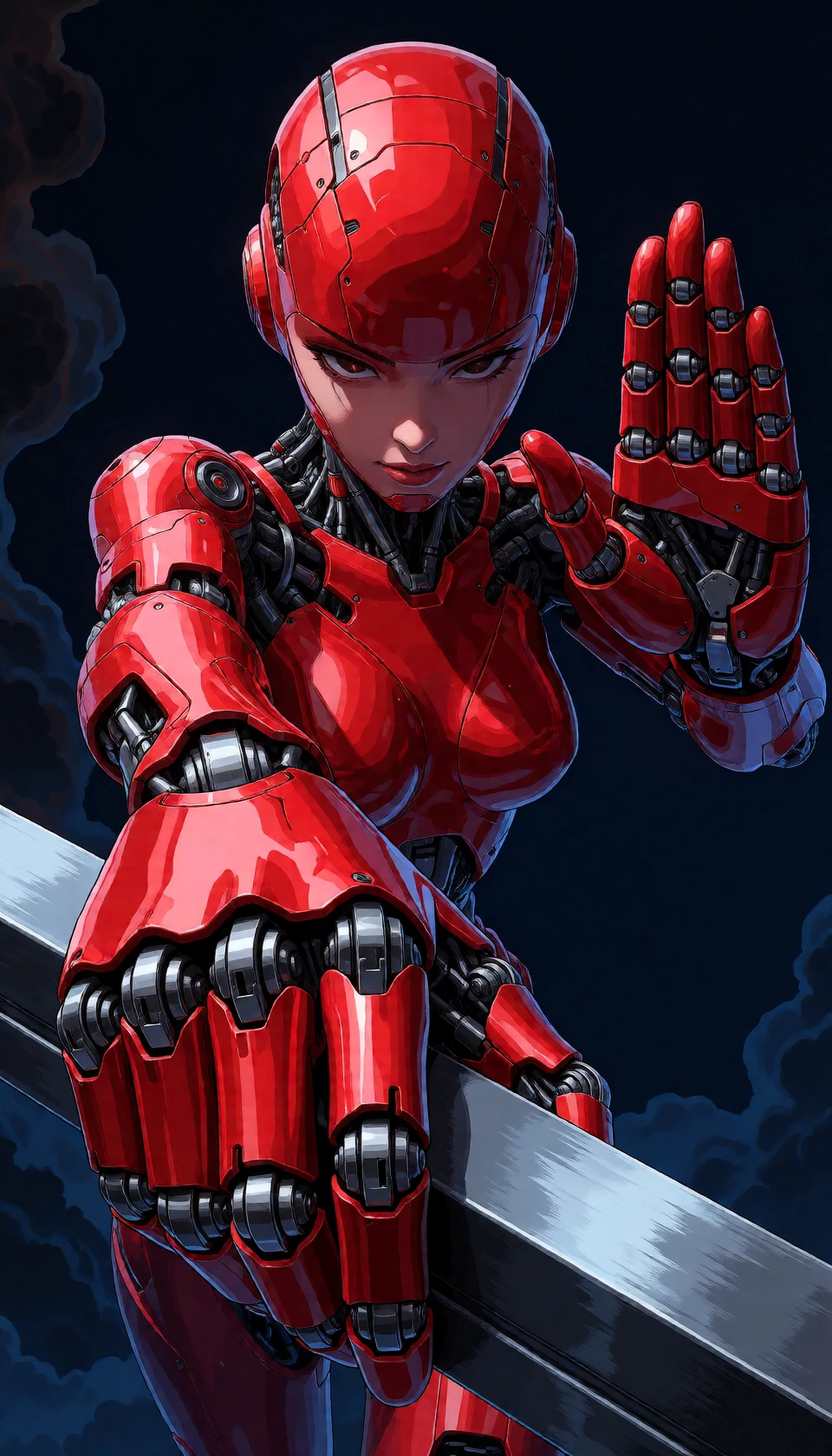 a digital illustration in a highly detailed, stylized art style, it depicts a female robot with a sleek, metallic body and a futuristic, almost futuri