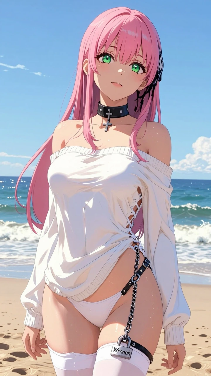 Masterpiece, best quality, ultra-detailed digital illustration, highly polished rendering, beautiful stylized proportions with a slightly anime-influenced aesthetic. Pink Venom standing on a sunny beach. She has long pink hair with dark roots, striki