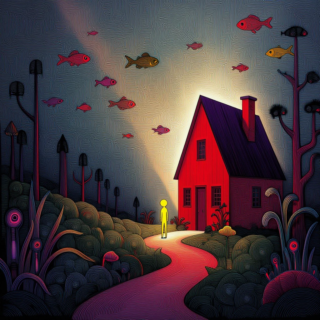 An expressive ink sketch on textured paper featuring a small yellow stick-figure standing along a winding path that leads toward a vibrant red house with a triangular dark purple roof and a chimney. The scene is populated by stylized trees and variou
